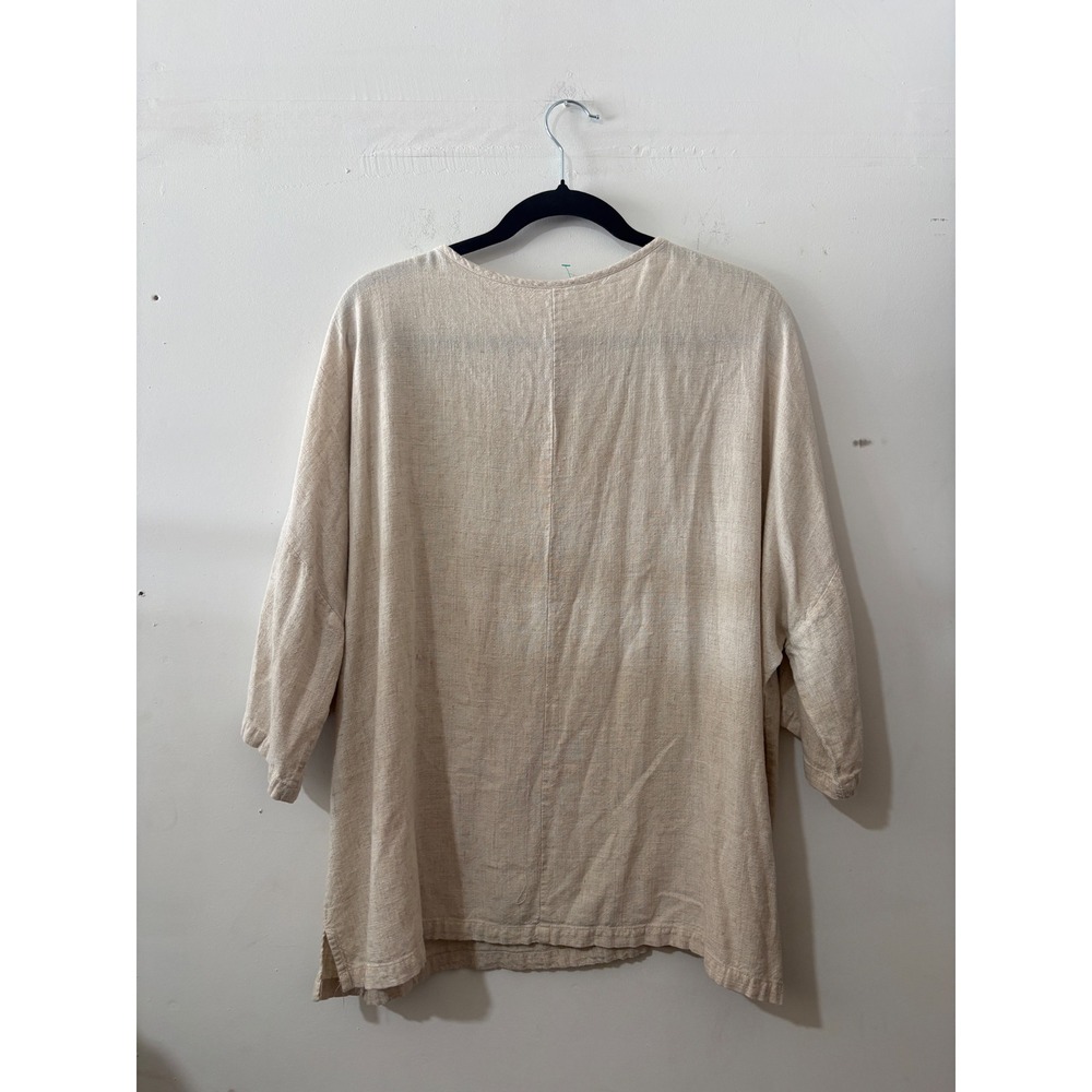 Minibee Linen Cotton Blend Oversized Tunic Top Beige Frog Button Keyhole Blouse - Picture 4 of 9